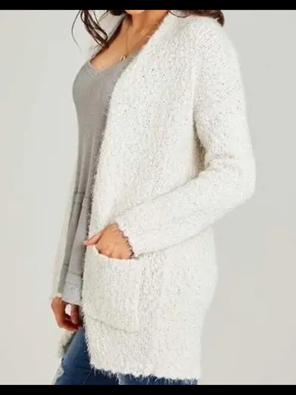 Christopher & Banks Cream Bouclé Open-Front Cardigan